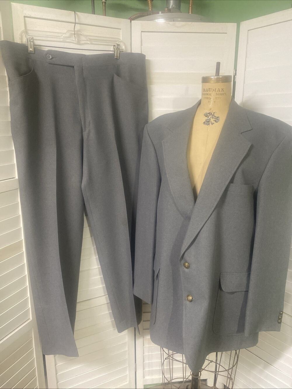 70s HAGGAR 2 Pc Gray Polyester Suit Jacket Pants Lined Mens 46L Made In USA